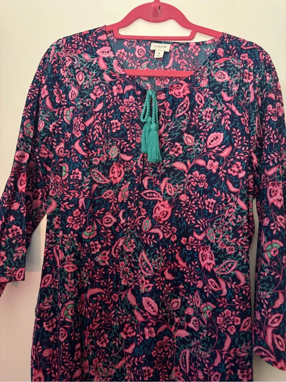 J. Crew Navy & Pink Floral Long Sleeve Tassel Tunic Dress